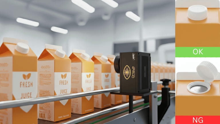 AI-powered cap inspection system detecting loose and missing caps on a packaging line