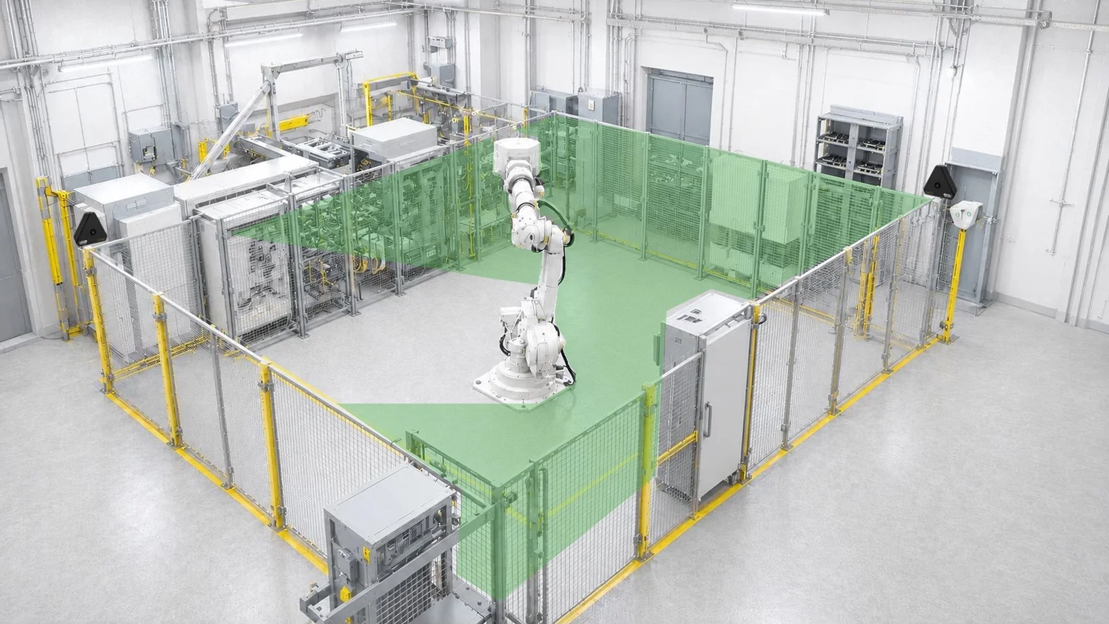 Multiple DT02 safety cameras providing combined zero-blind-spot coverage of a robot work cell