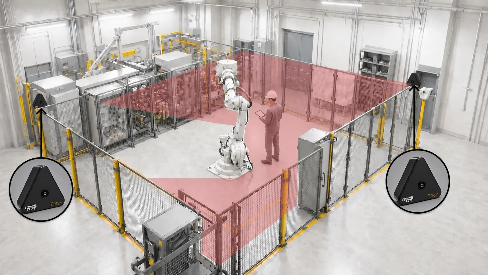DT02 safety camera detecting a person inside the safety zone — machine blocked, person detected