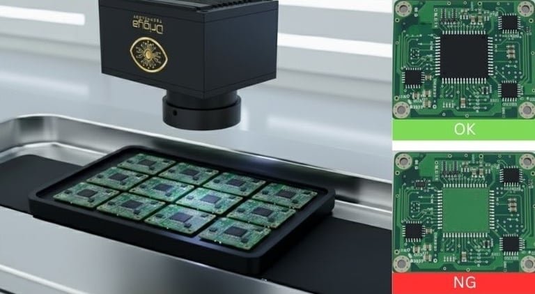 AI vision system performing PCB inspection, detecting missing components in real time