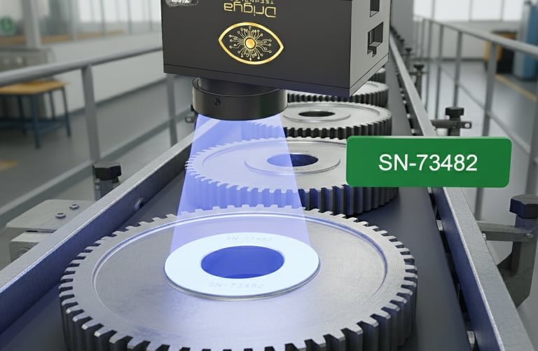 AI vision system performing OCR on a ring gear, reading serial numbers on metal parts