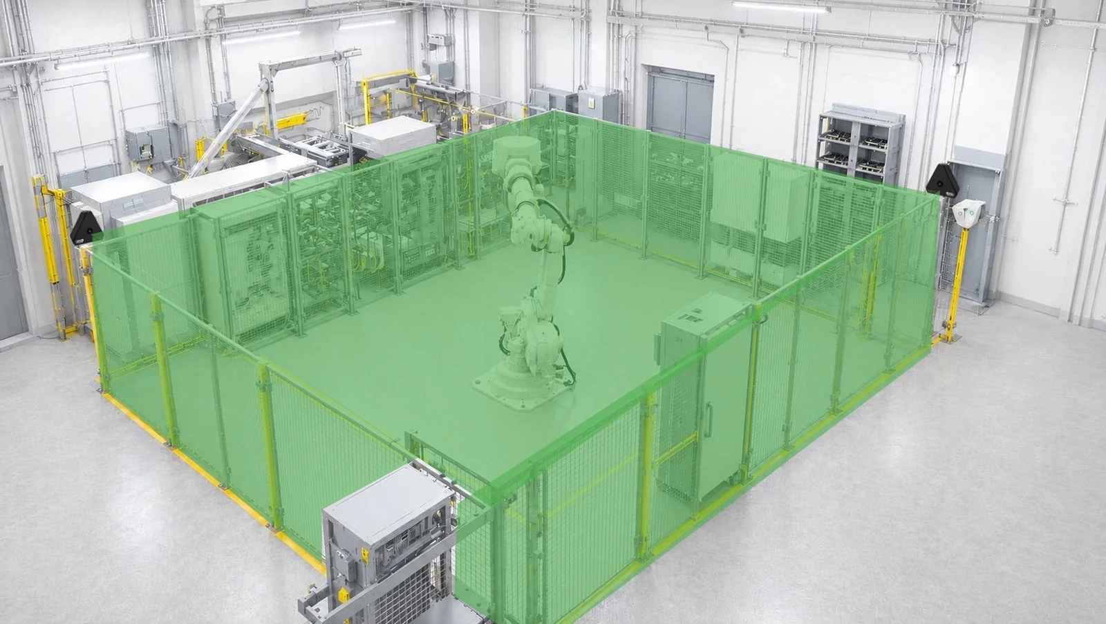 DT02 safety camera monitoring a robot work cell, highlighting the protected safety zone